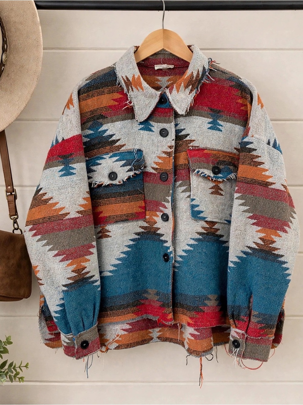 Southwestern Western Boho Aztec Print Shacket Jacket - Teal, Rust & Ivory